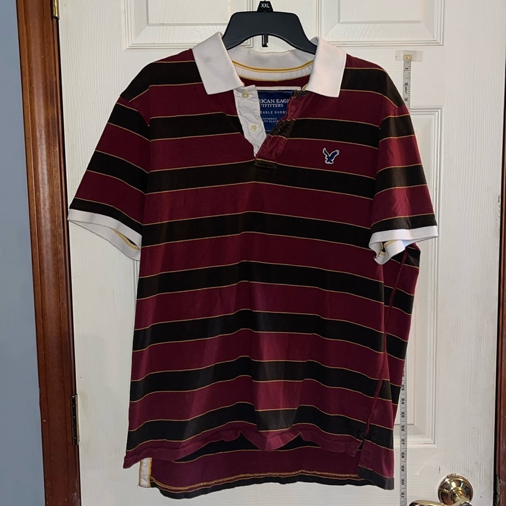 American Eagle-XL-burgundy, black,white striped-rugby, polo, short sleeve, shirt